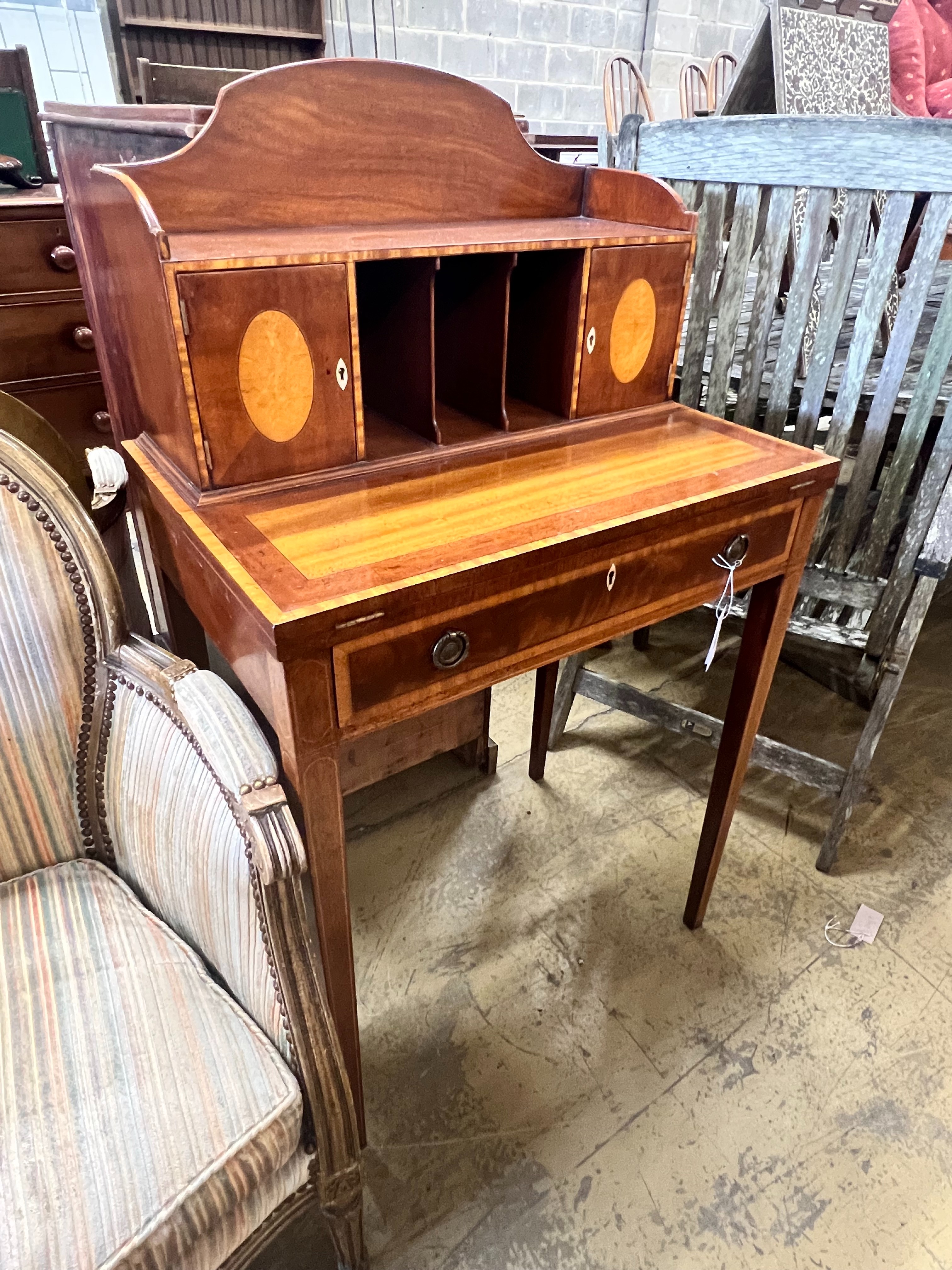 A reproduction Sheraton style crossbanded and satinwood mahogany bonheur du jour, by Arthur Brett, width 63cm depth 43cm height 111cm